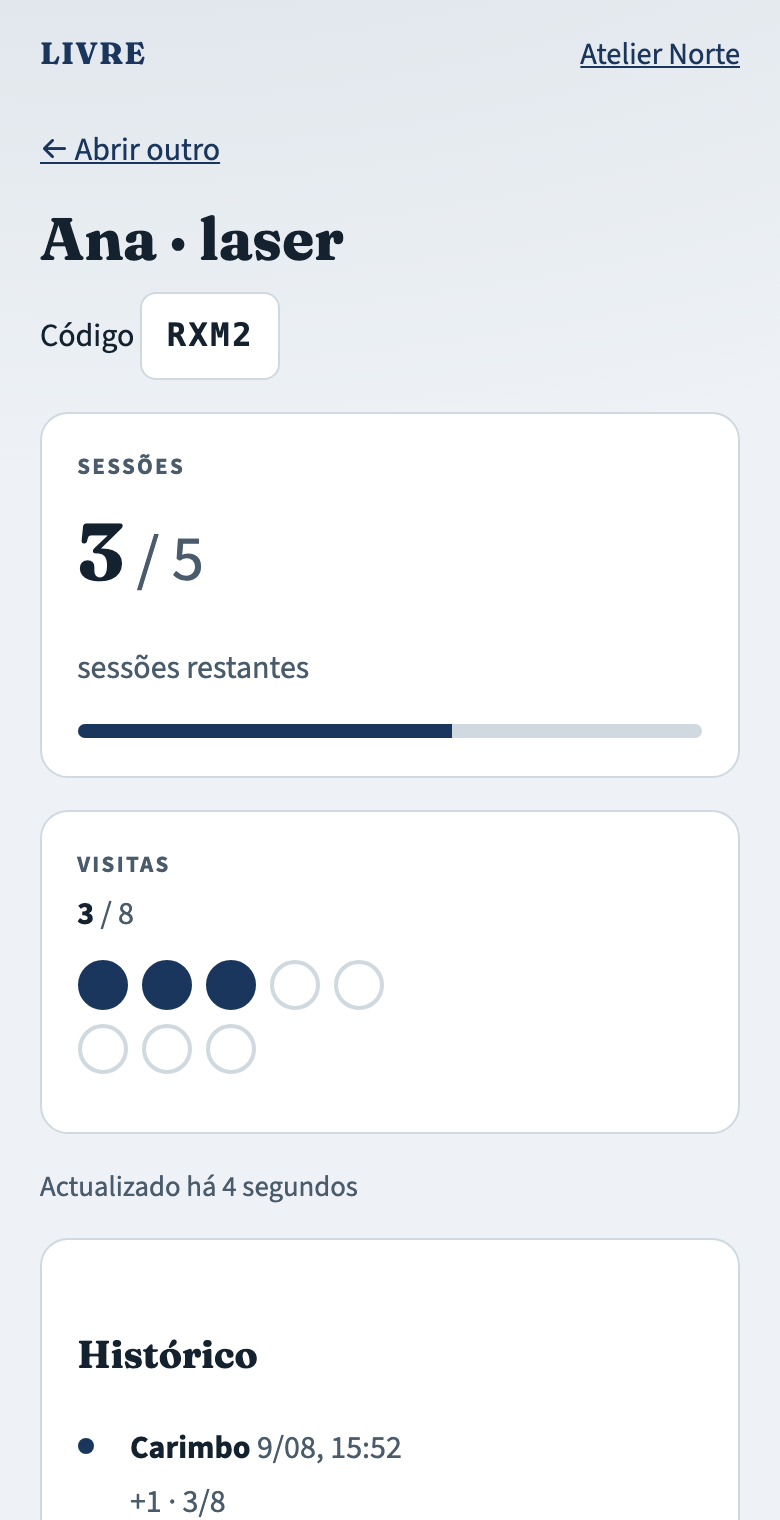 Cartão com 3 de 5 sessões e 3 de 8 carimbos